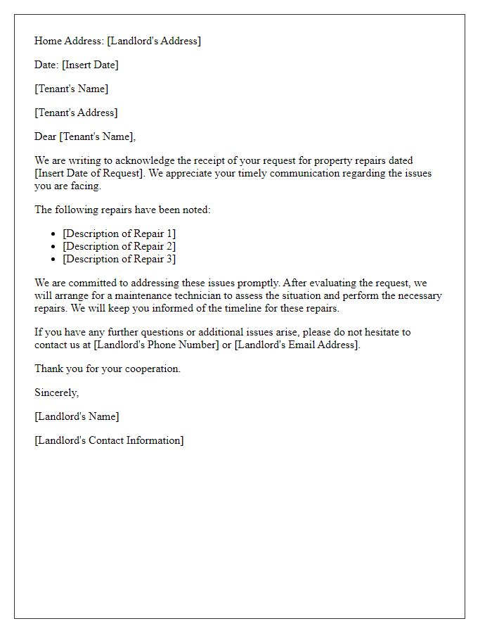 Letter template of property repair acknowledgment for landlords.