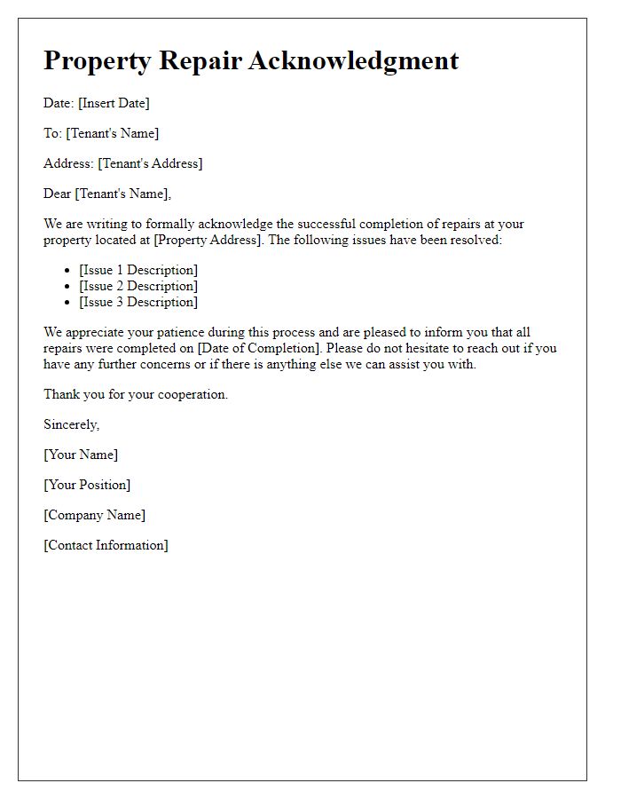 Letter template of property repair acknowledgment for resolved issues.