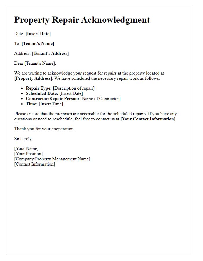 Letter template of property repair acknowledgment for scheduled repairs.