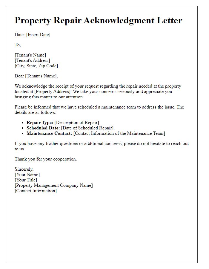 Letter template of property repair acknowledgment for tenants.