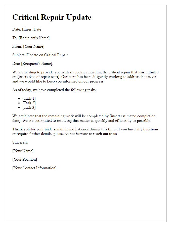 Letter template of critical repair update