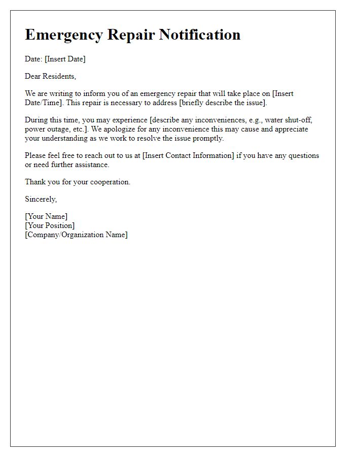 Letter template of emergency repair announcement