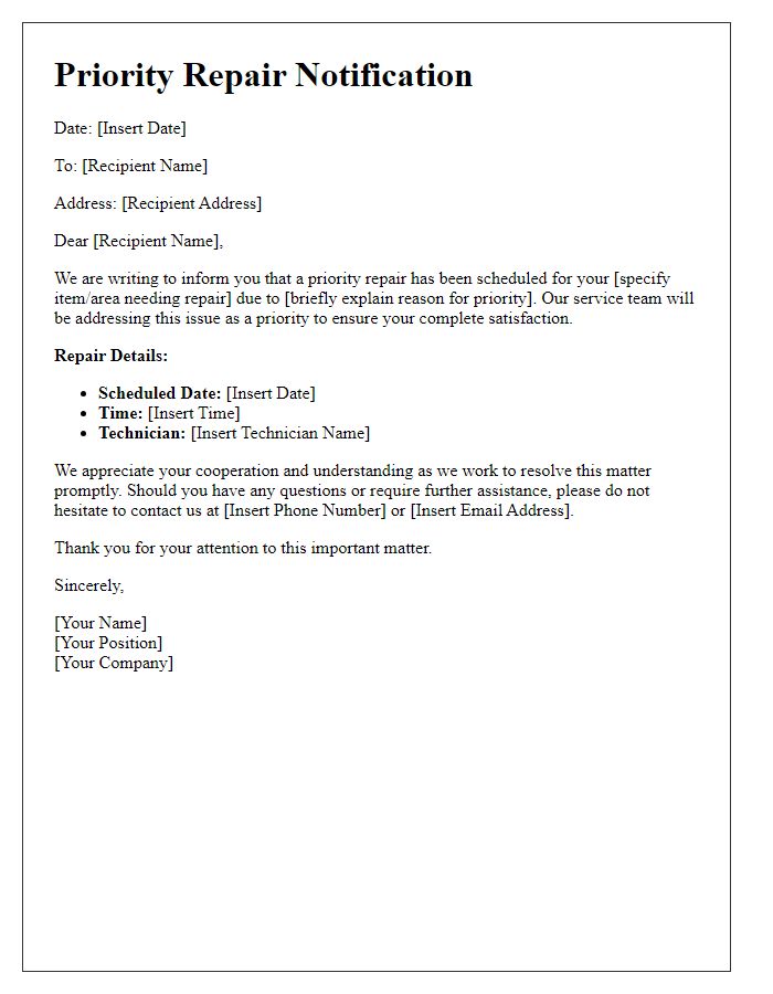 Letter template of priority repair notification