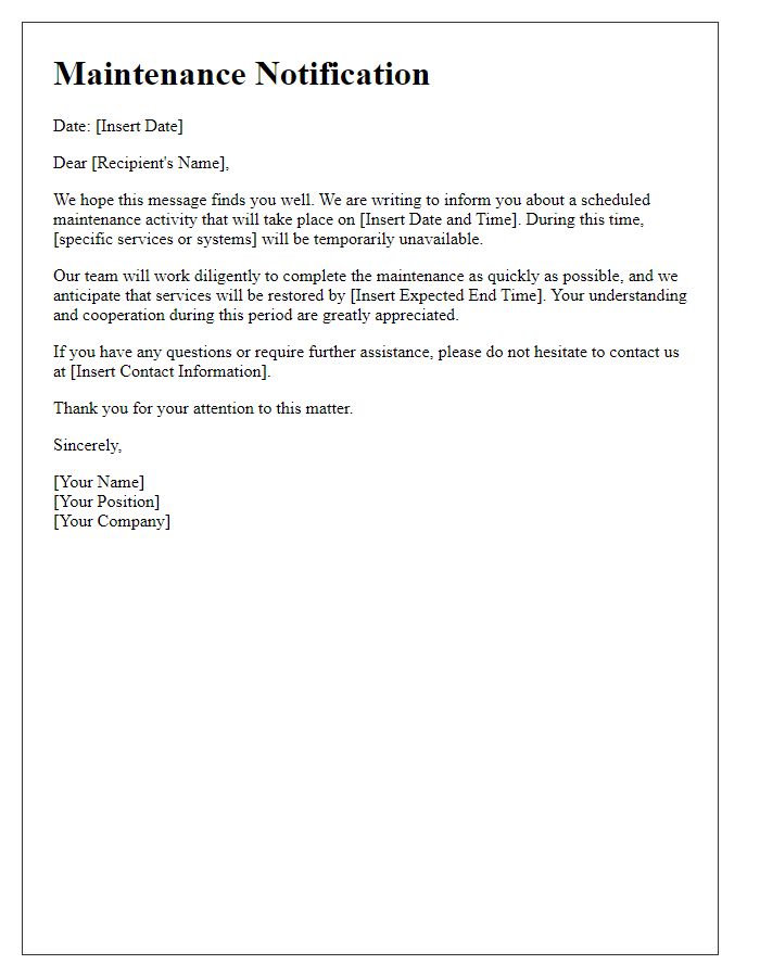 Letter template of swift maintenance communication