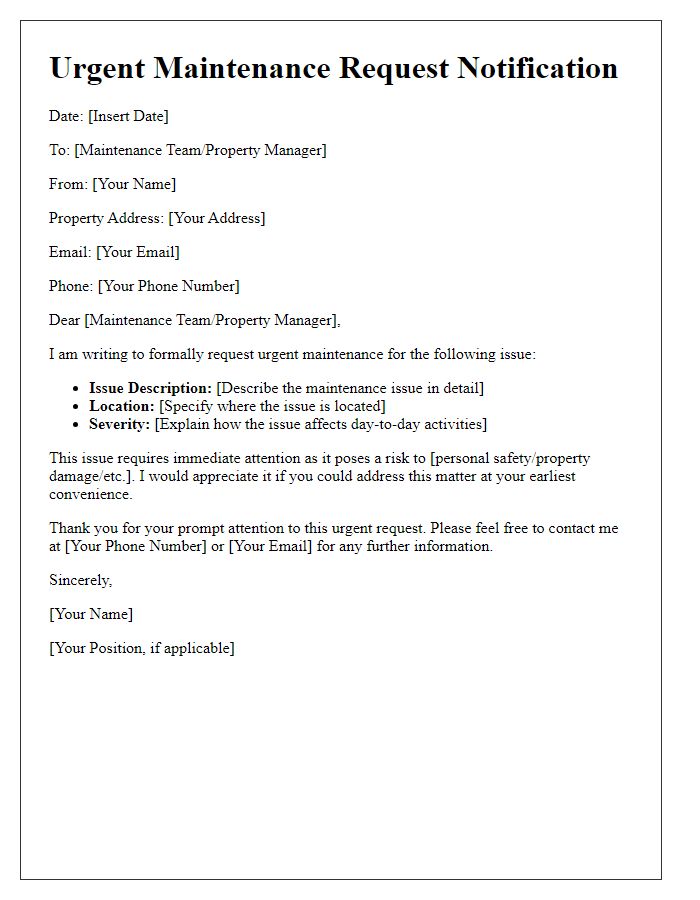 Letter template of urgent maintenance request notification