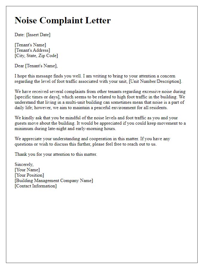 Letter template of noise complaint regarding heavy foot traffic in the building to tenant.