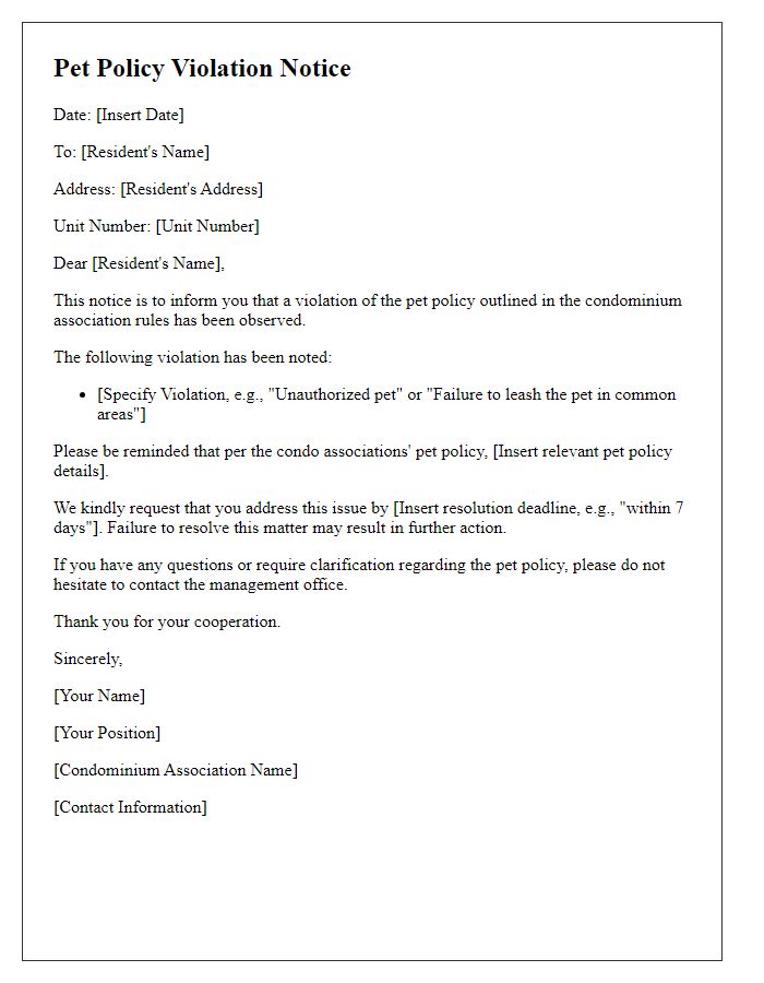 Letter template of pet policy violation notice for condo associations