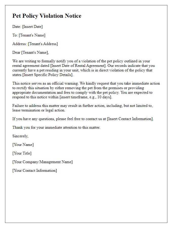 Letter template of pet policy violation notice for rental properties