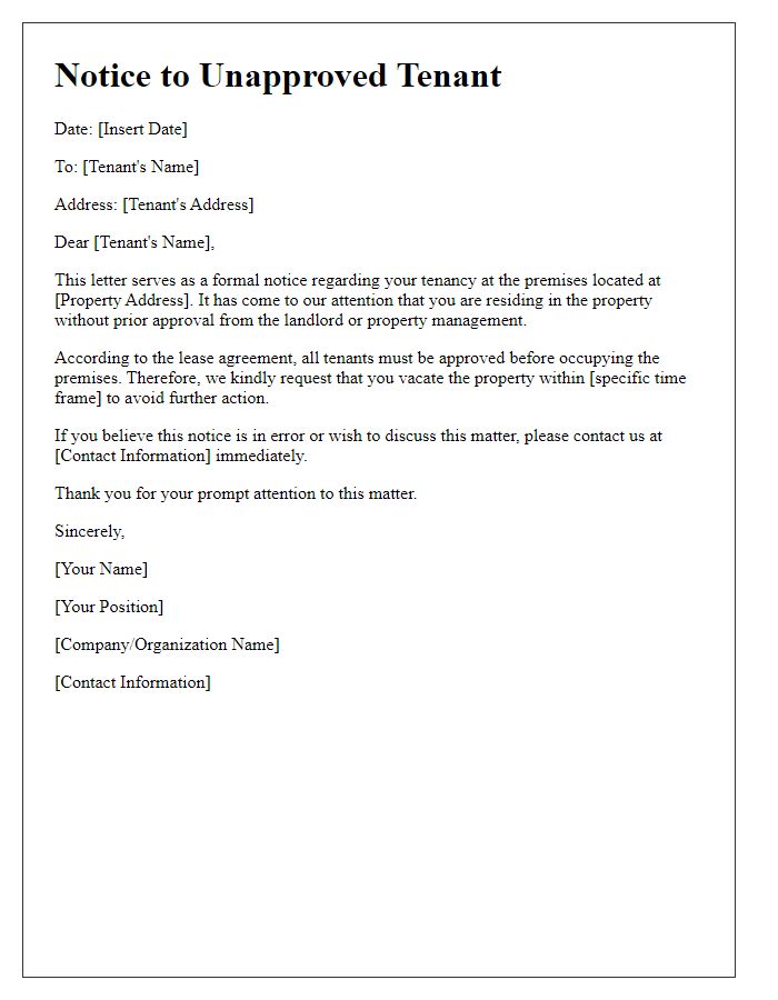 Letter template of Notice for Unapproved Tenant