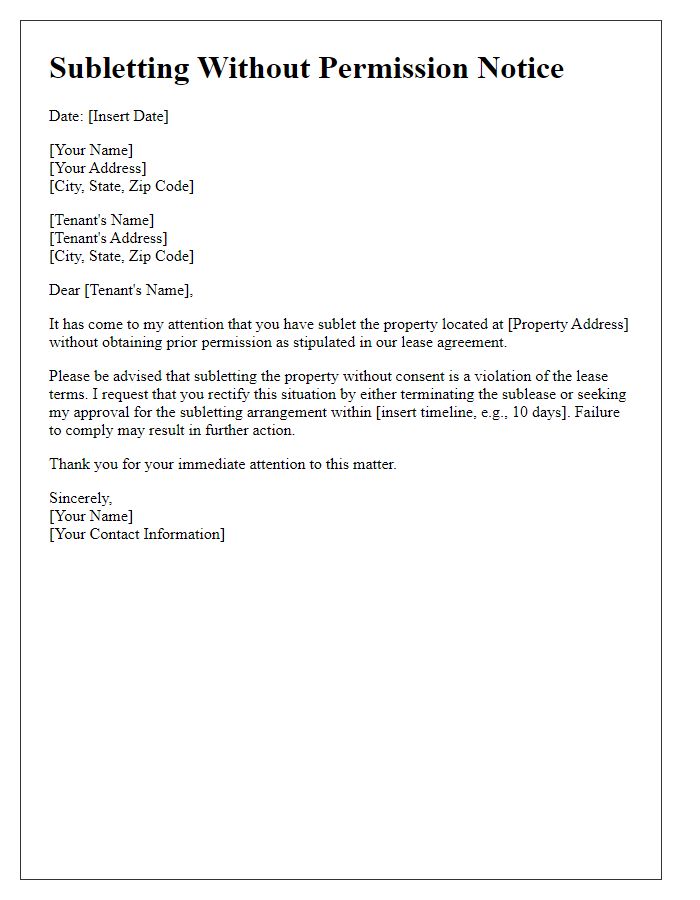 Letter template of Subletting Without Permission Notice