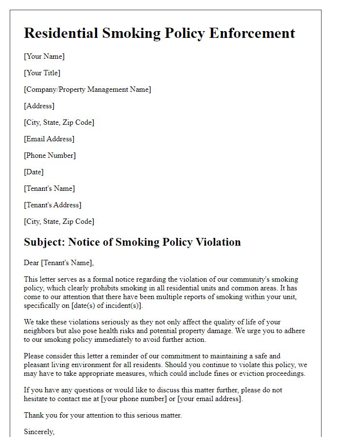 Letter template of residential smoking policy enforcement.