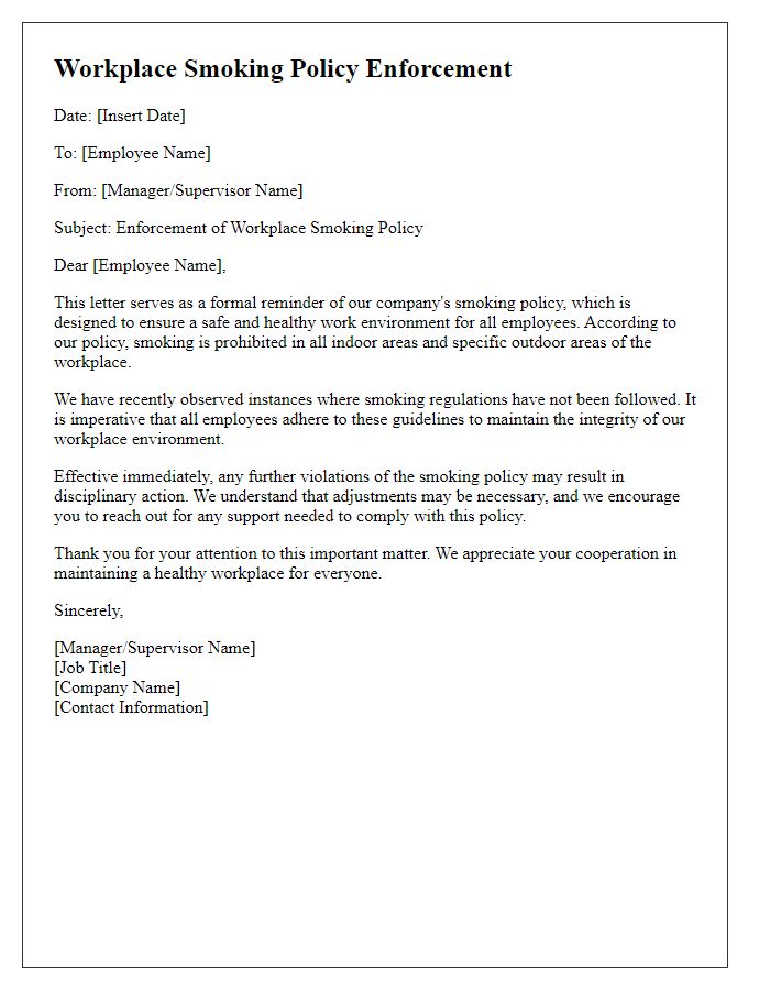 Letter template of workplace smoking policy enforcement.