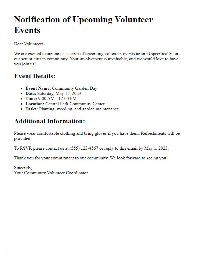 Letter template of notification for senior citizen volunteer events