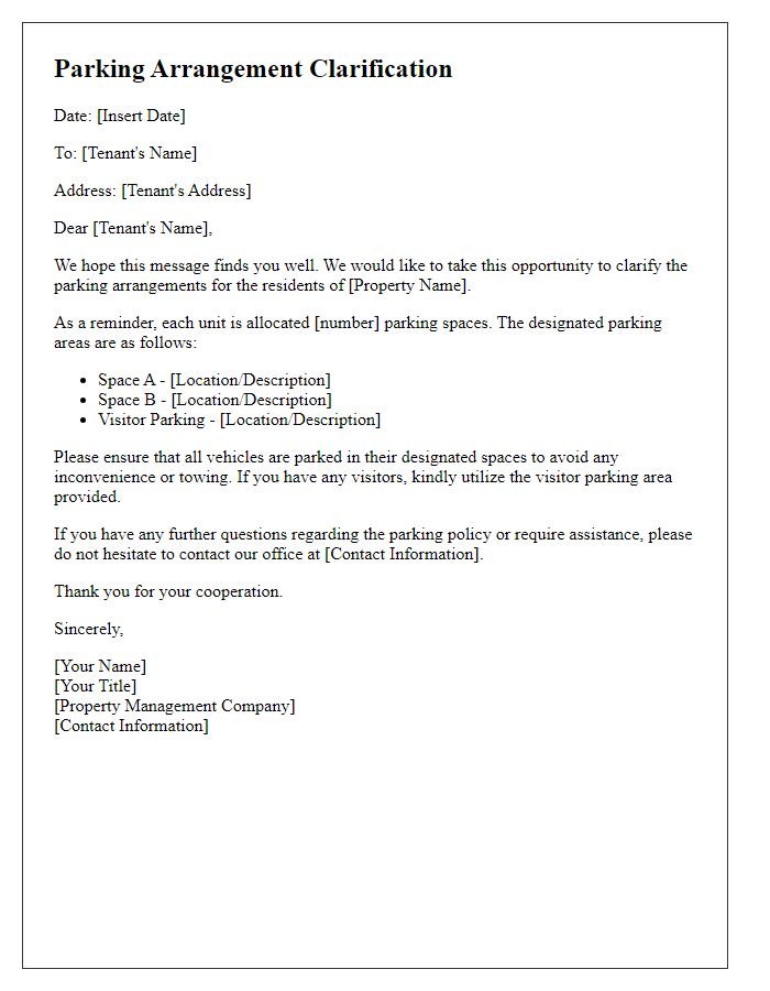 Letter template of parking arrangement clarification for tenants