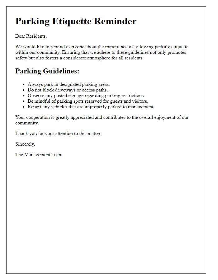 Letter template of parking etiquette reminder for residents