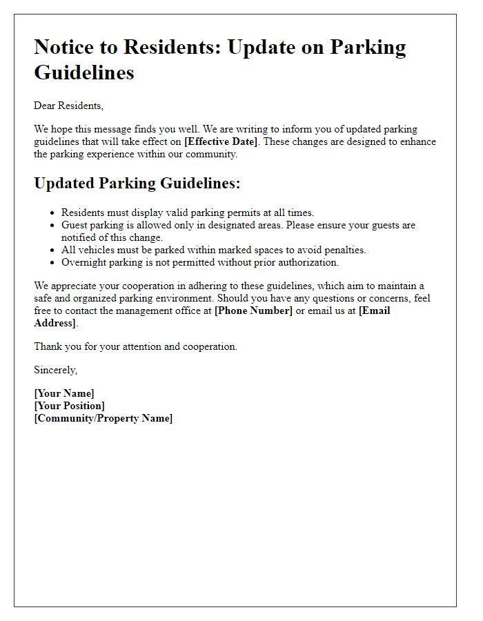 Letter template of parking guidelines update for residents