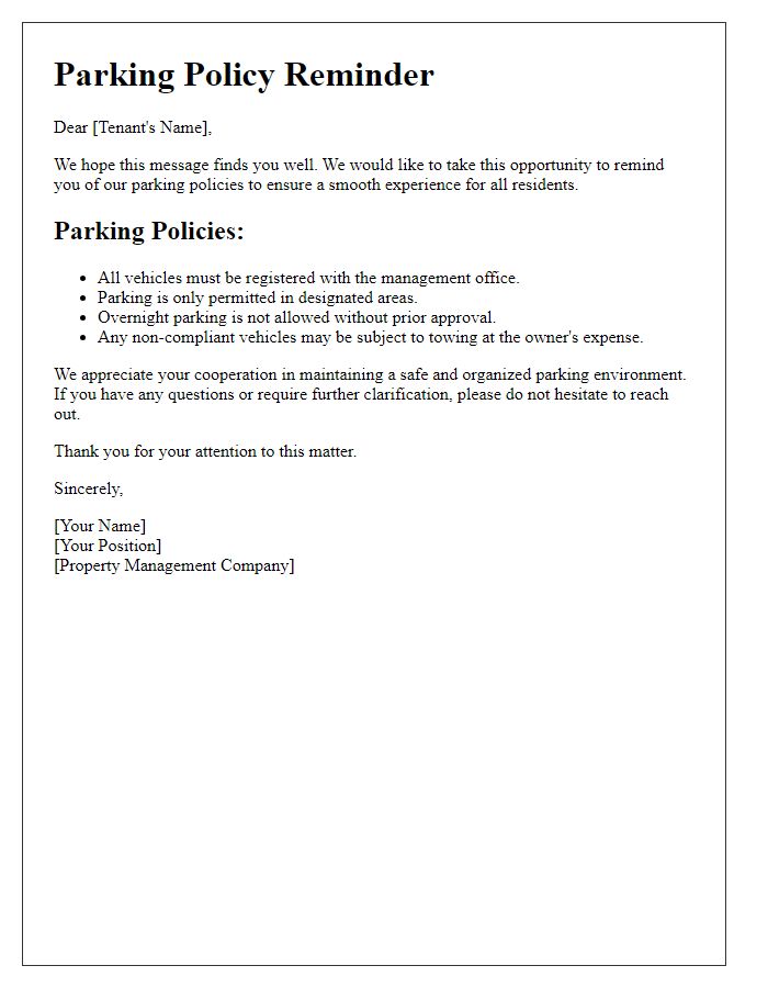 Letter template of parking policy reminder for tenants