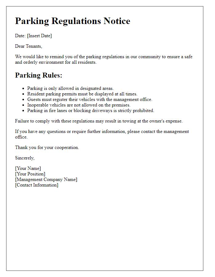 Letter template of parking regulations notice for tenants