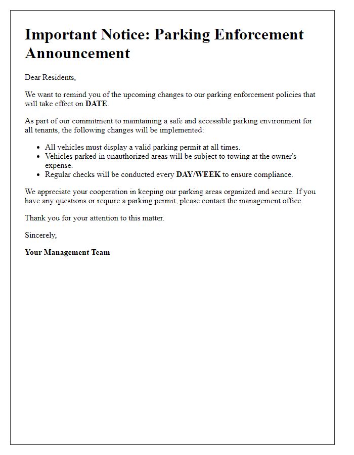 Letter template of tenant parking enforcement announcement