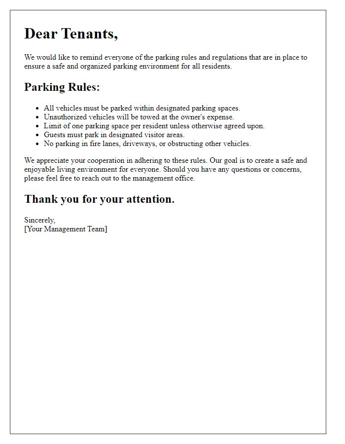 Letter template of tenant parking rules reinforcement