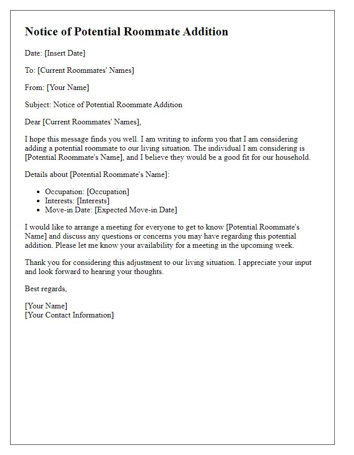 Letter template of notice for potential roommate addition