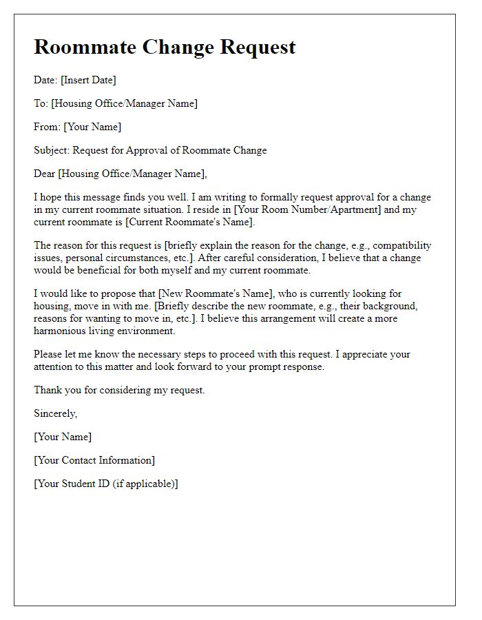 Letter template of seeking approval for roommate change