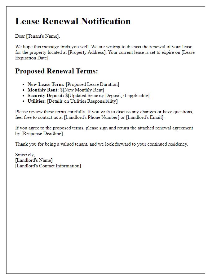 Letter template of landlord's lease renewal terms.