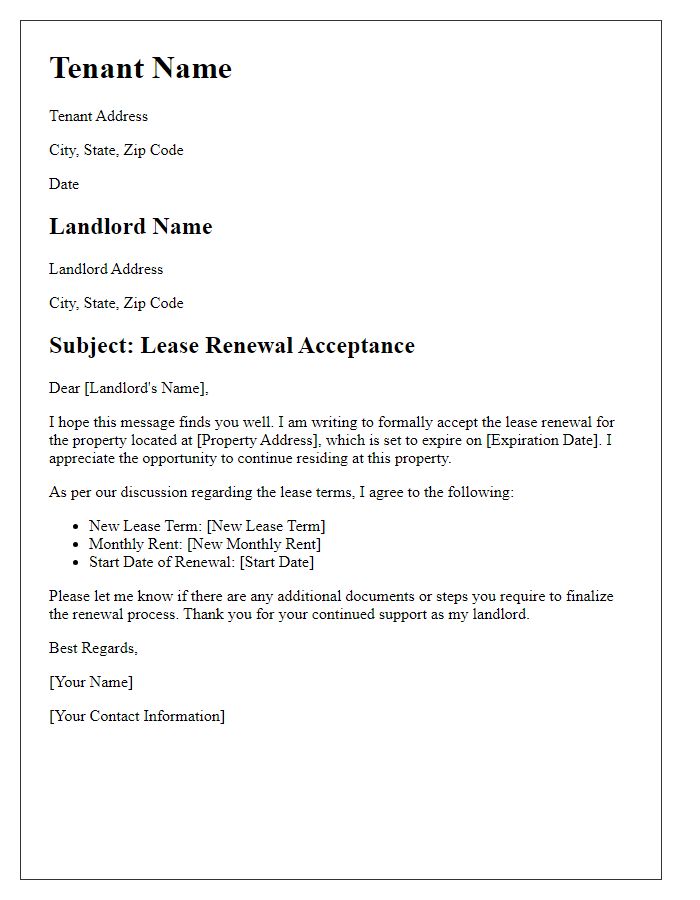 Letter template of lease renewal acceptance.