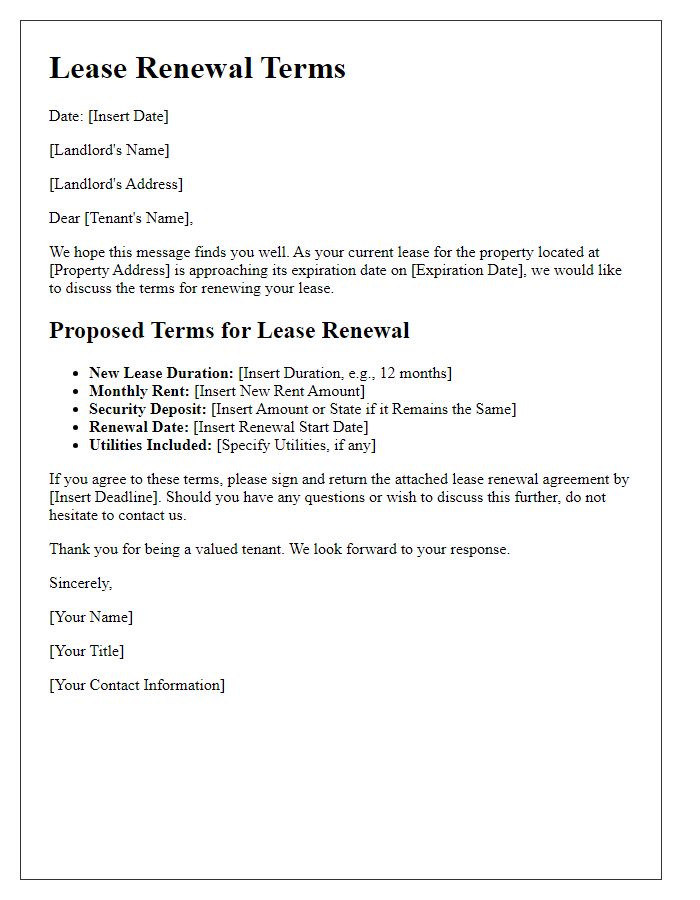 Letter template of terms for lease renewal.