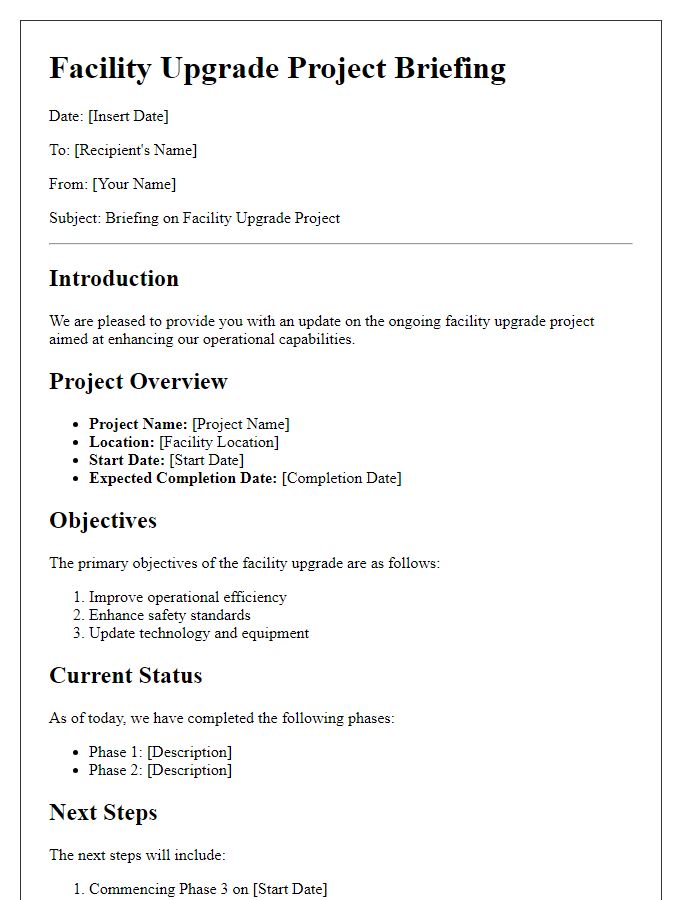 Letter template of facility upgrade project briefing