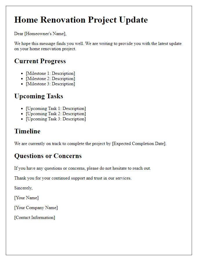 Letter template of home renovation project update