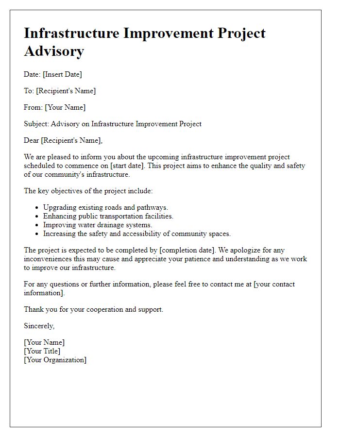 Letter template of infrastructure improvement project advisory