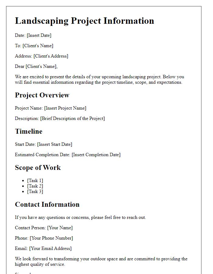 Letter template of landscaping project information