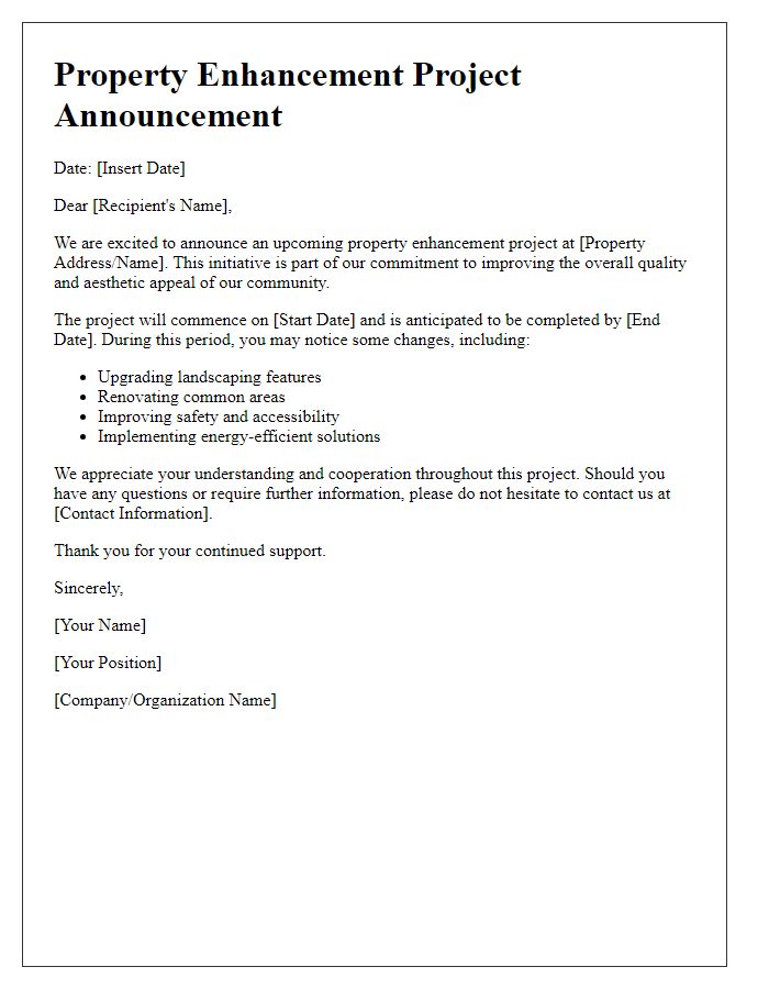 Letter template of property enhancement project announcement