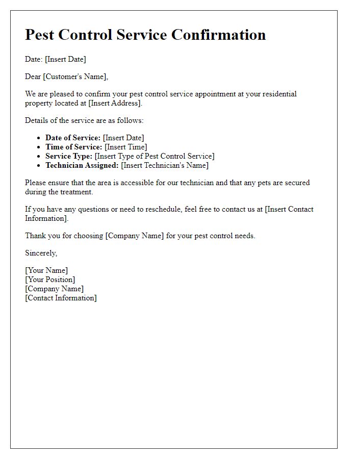 Letter template of pest control service confirmation for a residential property