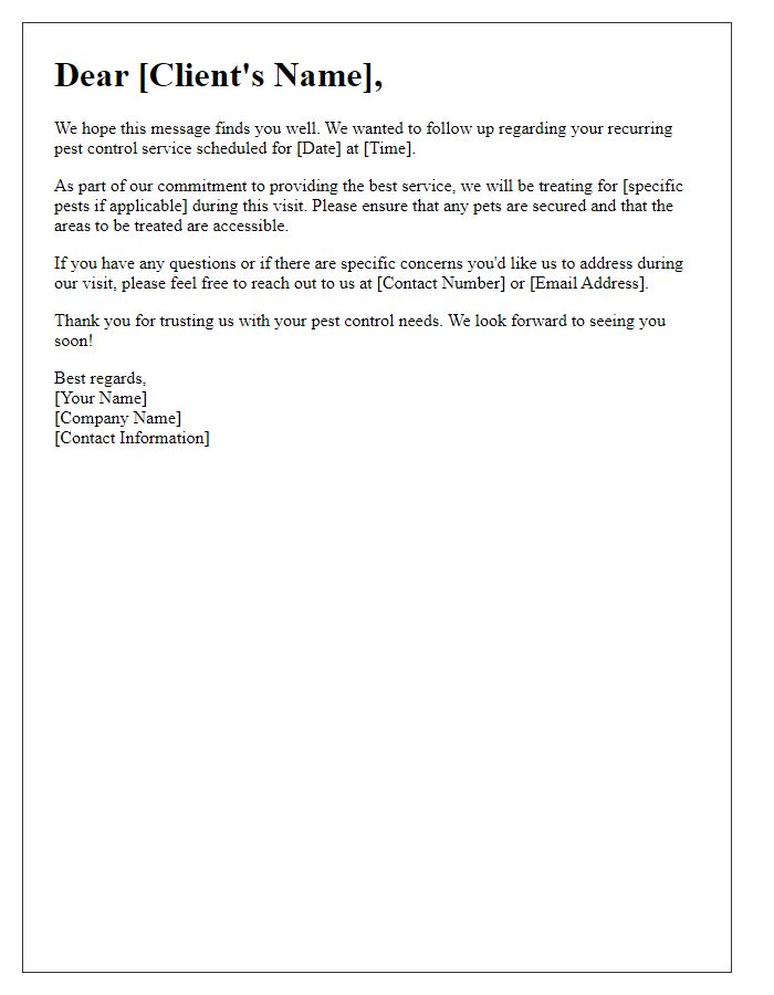 Letter template of pest control service follow-up for a recurring appointment