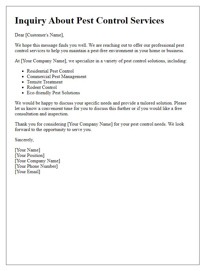 Letter template of pest control service inquiry for potential customers