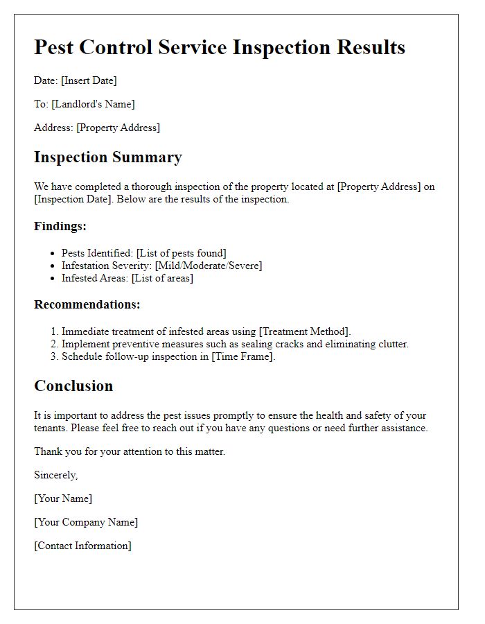 Letter template of pest control service inspection results for landlords