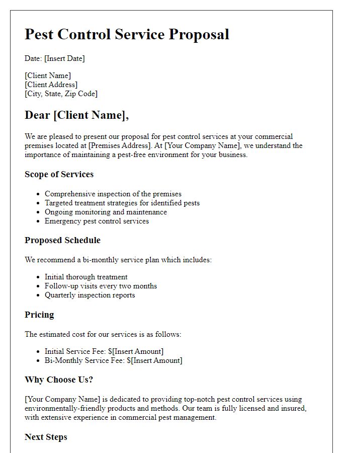 Letter template of pest control service proposal for commercial premises