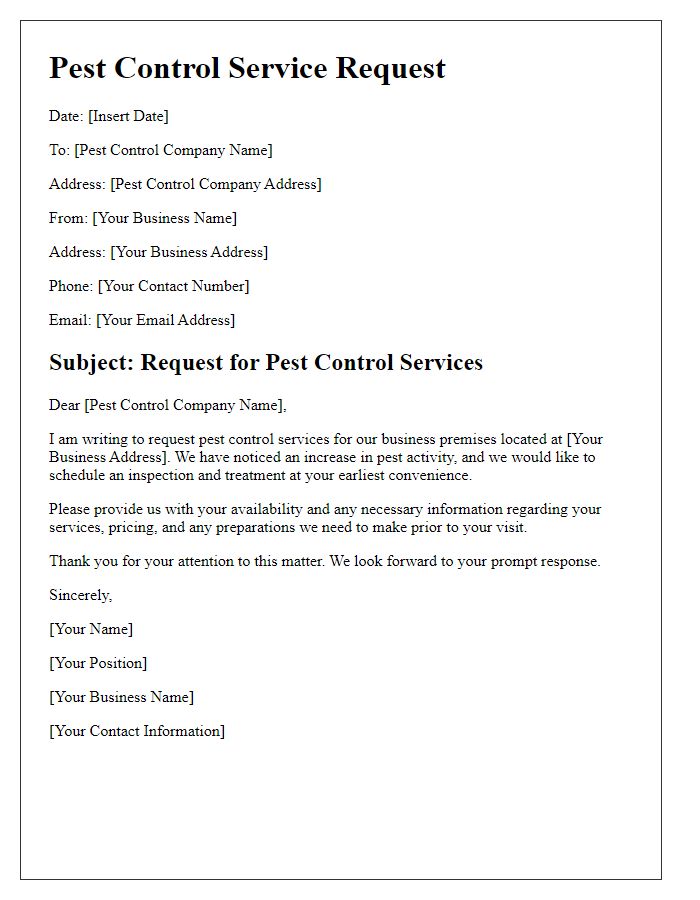 Letter template of pest control service request for a business