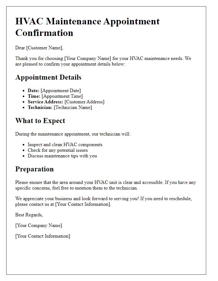 Letter template of HVAC Maintenance Appointment Details