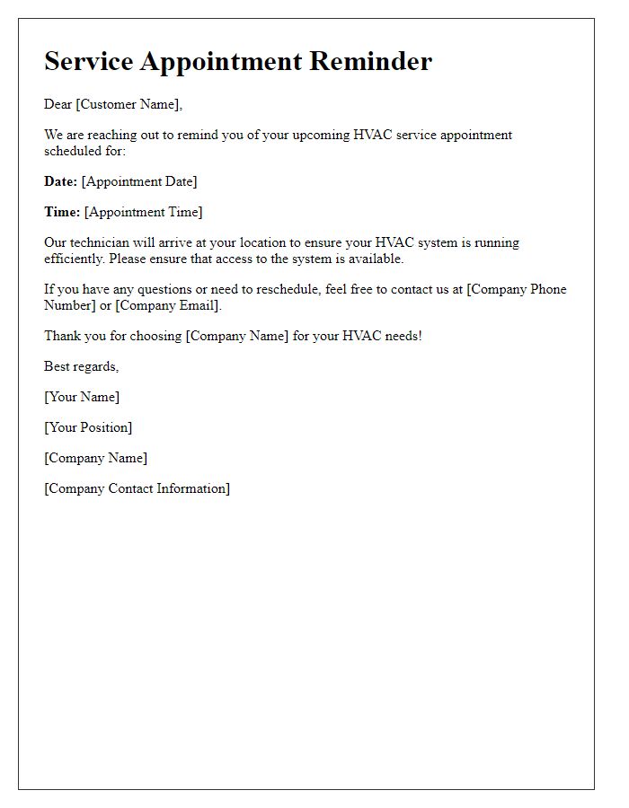 Letter template of HVAC Service Appointment Reminder