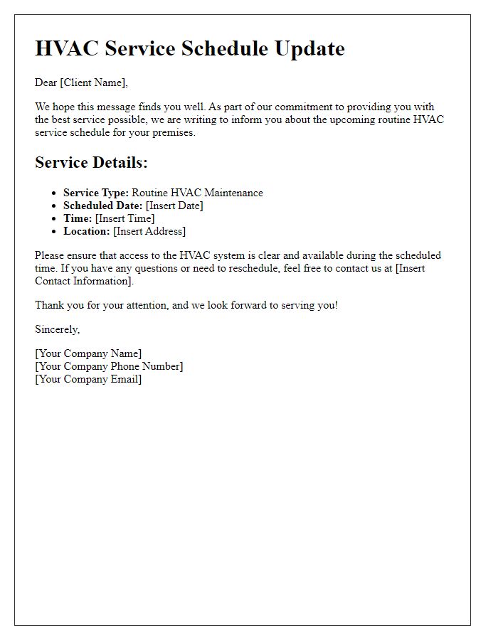 Letter template of Routine HVAC Service Schedule Update