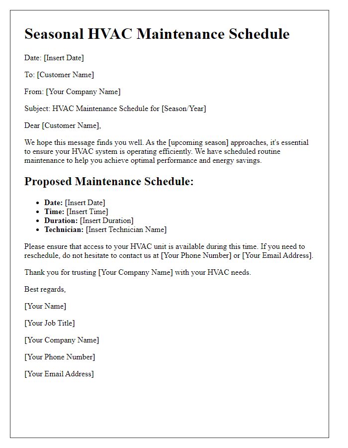 Letter template of Seasonal HVAC Maintenance Schedule