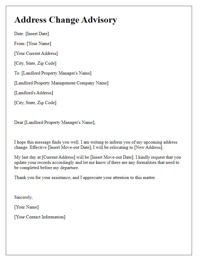 Letter template of Address Change Advisory for Renters