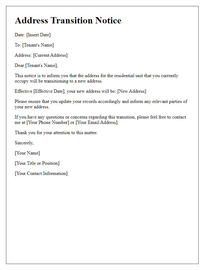 Letter template of Address Transition Notice for Residential Tenants