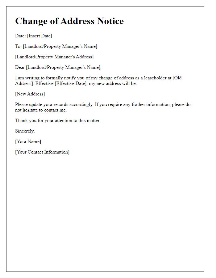 Letter template of Change of Address Notice for Leaseholders