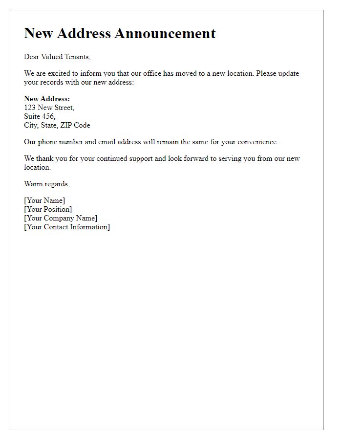 Letter template of New Address Announcement for Tenants