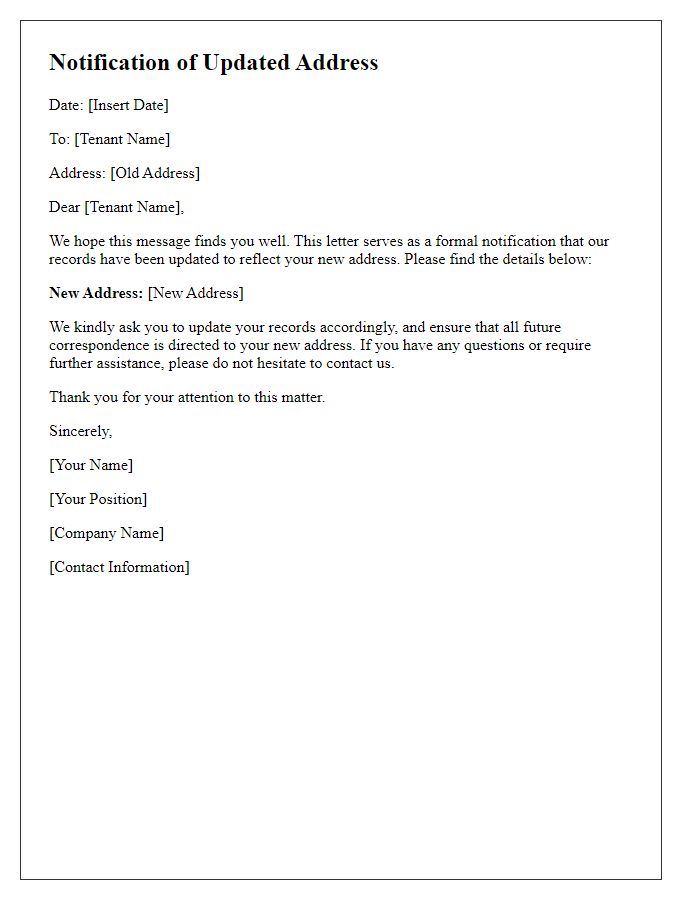 Letter template of Notification of Updated Address for Tenants