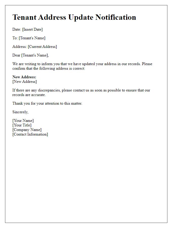 Letter template of Tenant Address Update Communication
